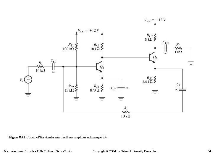 Figure 8. 41 Circuit of the shunt–series feedback amplifier in Example 8. 4. Microelectronic Figure 8. 41 Circuit of the shunt–series feedback amplifier in Example 8. 4. Microelectronic