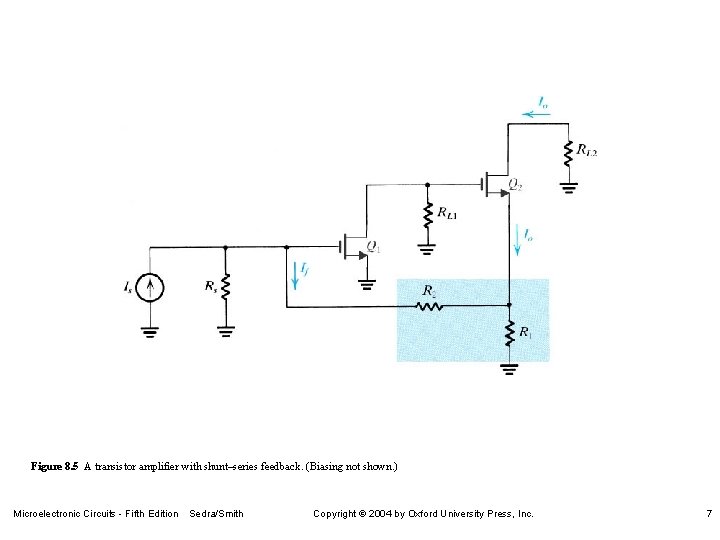 Figure 8. 5 A transistor amplifier with shunt–series feedback. (Biasing not shown. ) Microelectronic