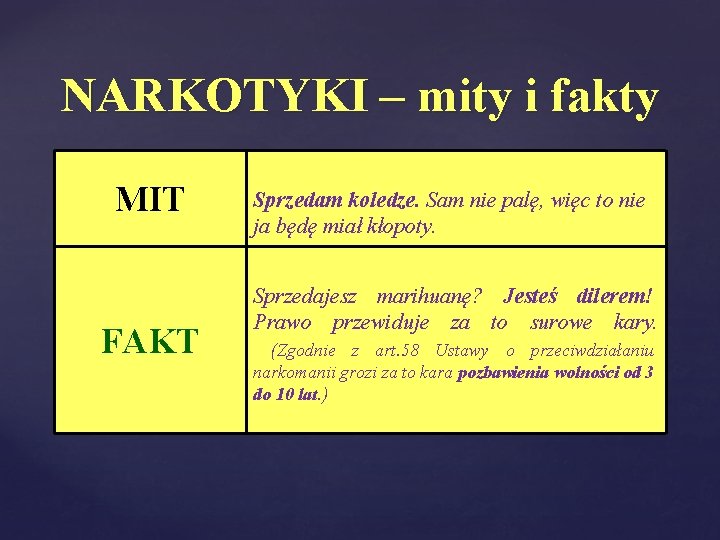 NARKOTYKI – mity i fakty MIT FAKT Sprzedam koledze. Sam nie palę, więc to