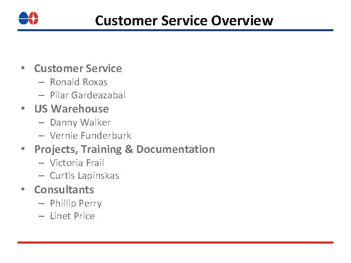 Customer Service Overview • Customer Service – Ronald Roxas – Pilar Gardeazabal • US