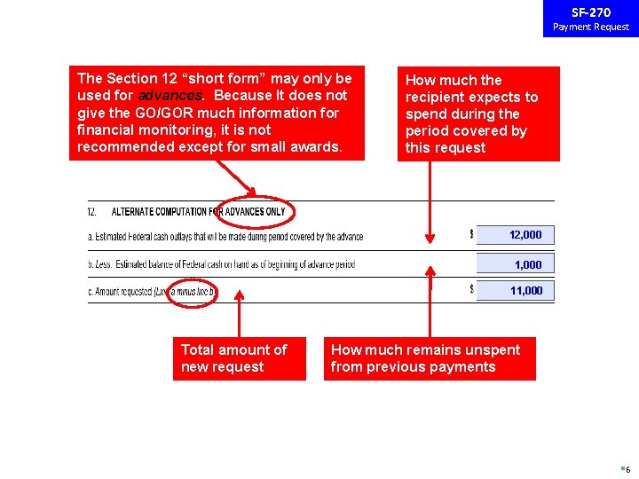 SF-270 Payment Request The Section 12 “short form” may only be used for advances.
