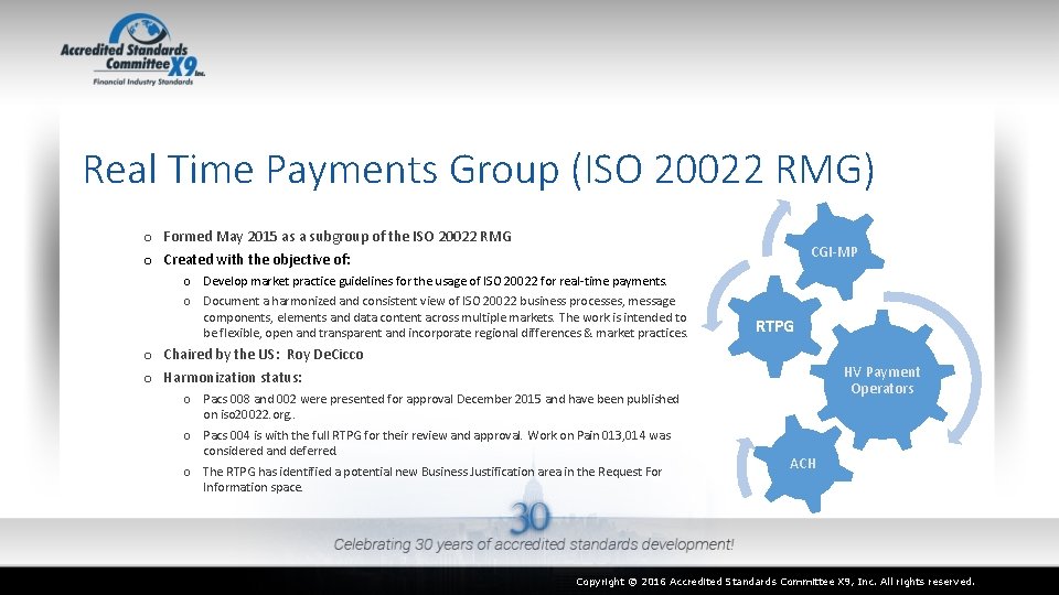 Real Time Payments Group (ISO 20022 RMG) o Formed May 2015 as a subgroup