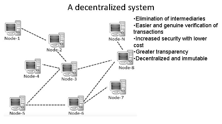 A decentralized system • Elimination of intermediaries • Easier and genuine verification of transactions A decentralized system • Elimination of intermediaries • Easier and genuine verification of transactions