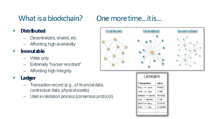 What is a blockchain? One more time…it is… Distributed – Decentralized, shared, etc. – What is a blockchain? One more time…it is… Distributed – Decentralized, shared, etc. –