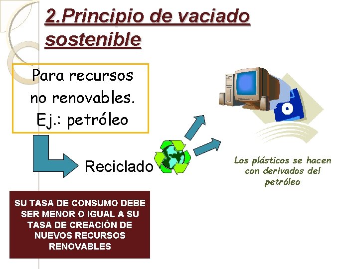 2. Principio de vaciado sostenible Para recursos no renovables. Ej. : petróleo Reciclado SU