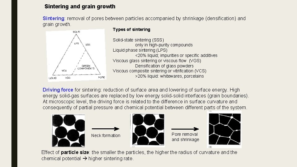 Sintering and grain growth Sintering: removal of pores between particles accompanied by shrinkage (densification)