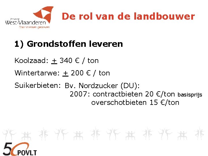 De rol van de landbouwer 1) Grondstoffen leveren Koolzaad: + 340 € / ton