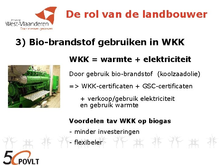 De rol van de landbouwer 3) Bio-brandstof gebruiken in WKK = warmte + elektriciteit