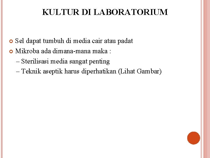 KULTUR DI LABORATORIUM Sel dapat tumbuh di media cair atau padat Mikroba ada dimana-mana