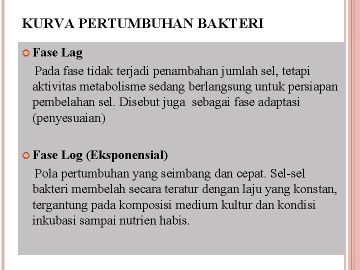 KURVA PERTUMBUHAN BAKTERI Fase Lag Pada fase tidak terjadi penambahan jumlah sel, tetapi aktivitas