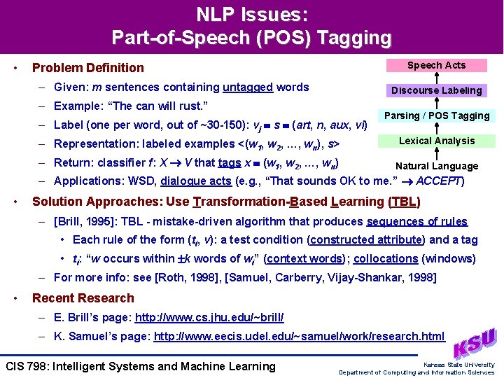 NLP Issues: Part-of-Speech (POS) Tagging • Speech Acts Problem Definition – Given: m sentences