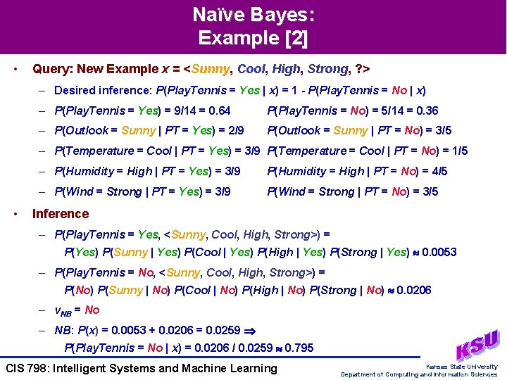 Naïve Bayes: Example [2] • Query: New Example x = <Sunny, Cool, High, Strong,
