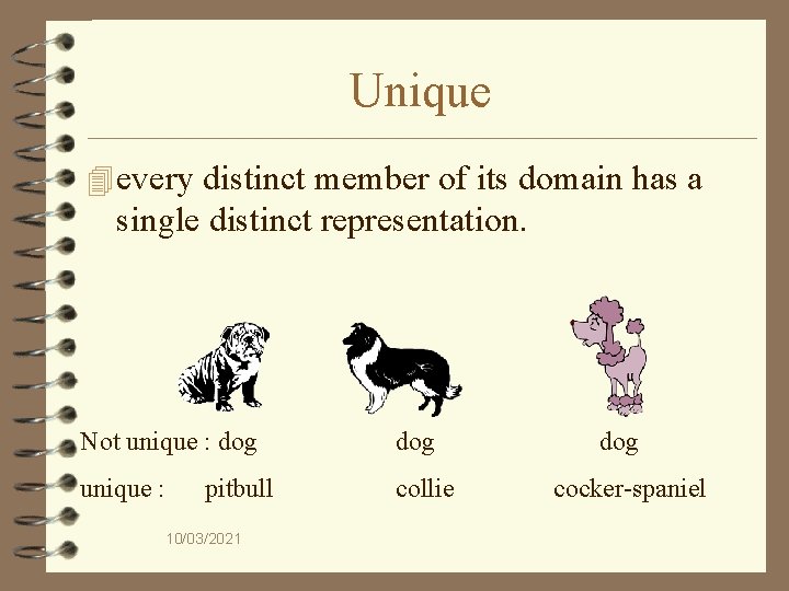 Unique 4 every distinct member of its domain has a single distinct representation. Not