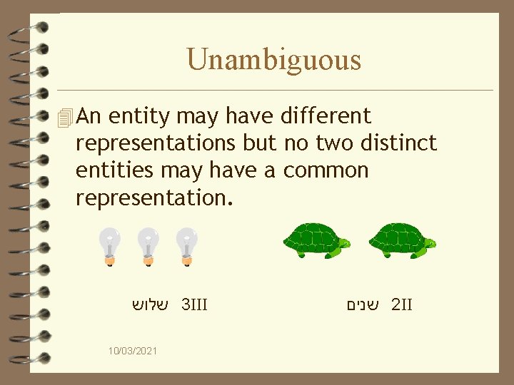 Unambiguous 4 An entity may have different representations but no two distinct entities may