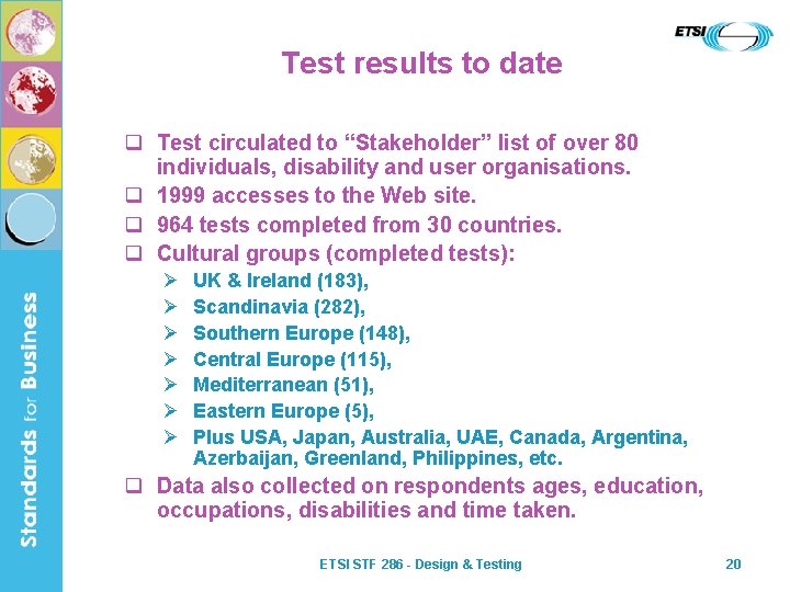 Test results to date q Test circulated to “Stakeholder” list of over 80 individuals,