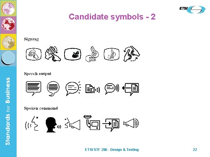 Candidate symbols - 2 ETSI STF 286 - Design & Testing 22 