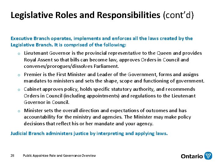 Legislative Roles and Responsibilities (cont’d) Executive Branch operates, implements and enforces all the laws