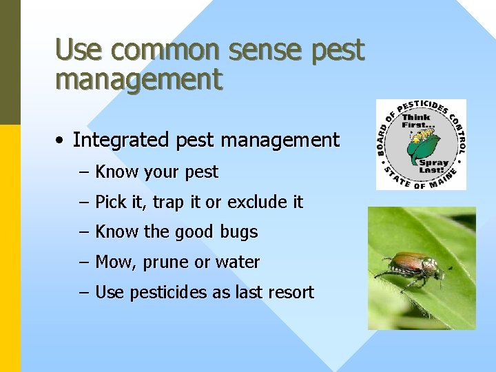 Use common sense pest management • Integrated pest management – Know your pest –