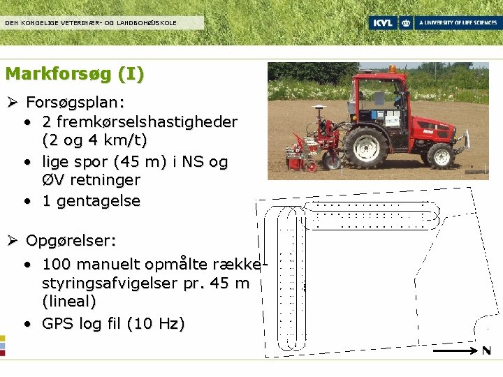 DEN KONGELIGE VETERINÆR- OG LANDBOHØJSKOLE Markforsøg (I) Ø Forsøgsplan: • 2 fremkørselshastigheder (2 og