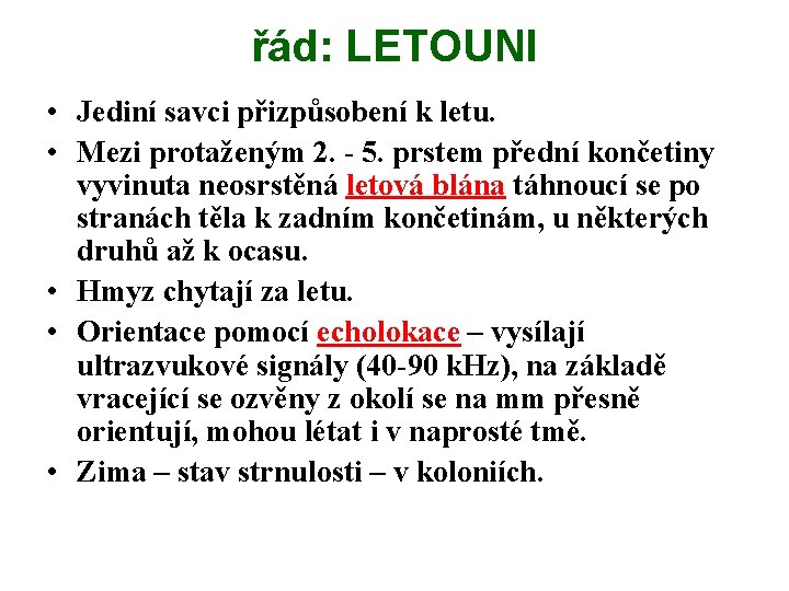 řád: LETOUNI • Jediní savci přizpůsobení k letu. • Mezi protaženým 2. - 5.