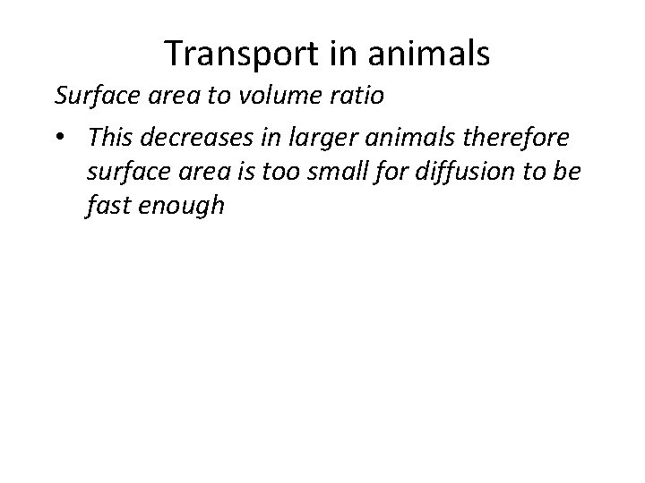 Transport in animals Surface area to volume ratio • This decreases in larger animals Transport in animals Surface area to volume ratio • This decreases in larger animals