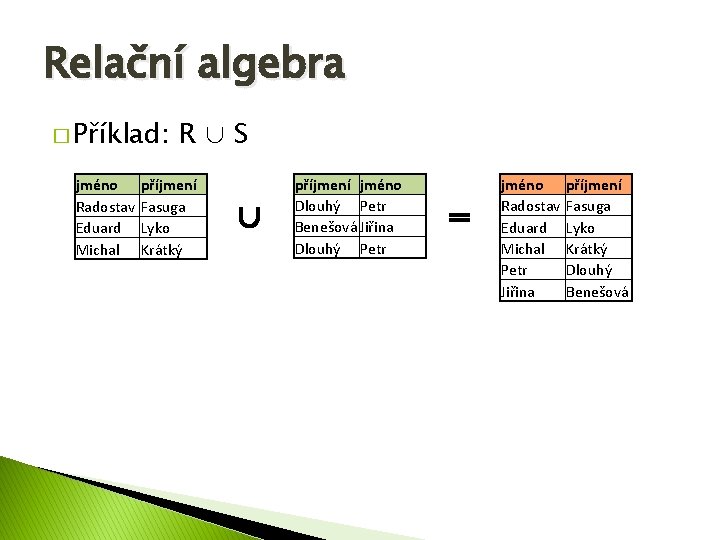 Relační algebra � Příklad: jméno Radostav Eduard Michal R∪S příjmení Fasuga Lyko Krátký ∪