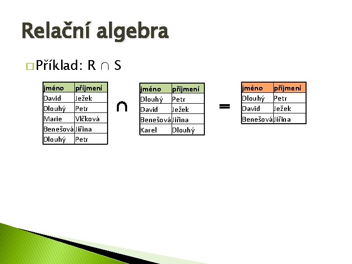 Relační algebra � Příklad: R∩S jméno příjmení David Ježek Dlouhý Petr Marie Vlčková Benešová