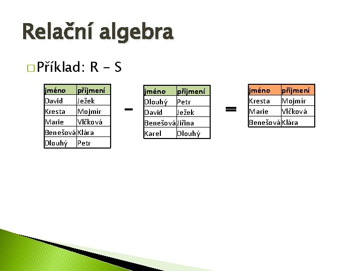 Relační algebra � Příklad: R-S jméno příjmení David Ježek Kresta Mojmír Marie Vlčková Benešová