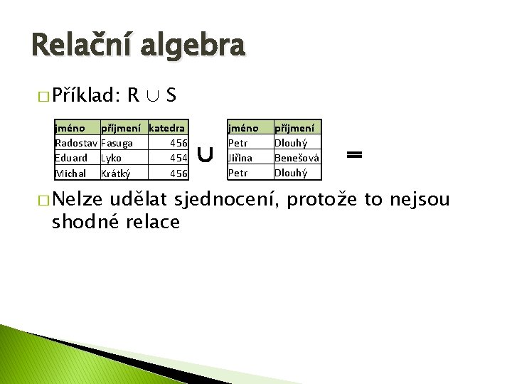 Relační algebra � Příklad: jméno Radostav Eduard Michal R∪S příjmení katedra Fasuga 456 Lyko