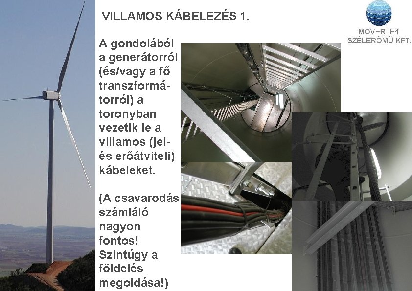 VILLAMOS KÁBELEZÉS 1. A gondolából a generátorról (és/vagy a fő transzformátorról) a toronyban vezetik
