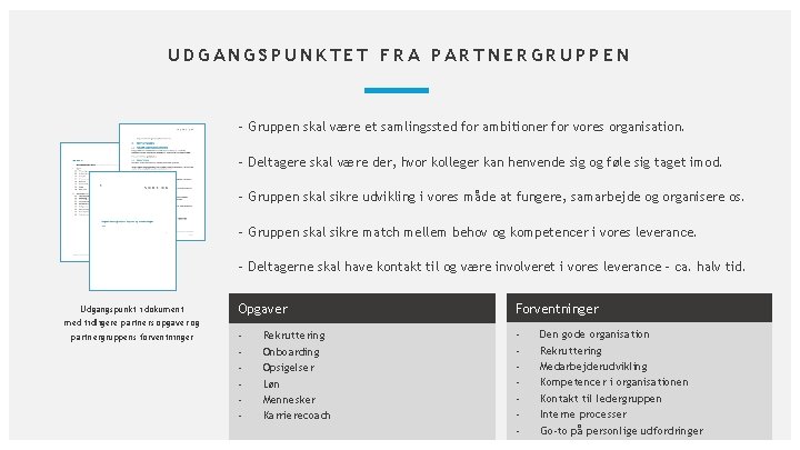 UDGANGSPUNKTET FRA PARTNERGRUPPEN - Gruppen skal være et samlingssted for ambitioner for vores organisation.