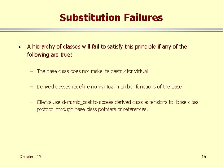Substitution Failures · A hierarchy of classes will fail to satisfy this principle if