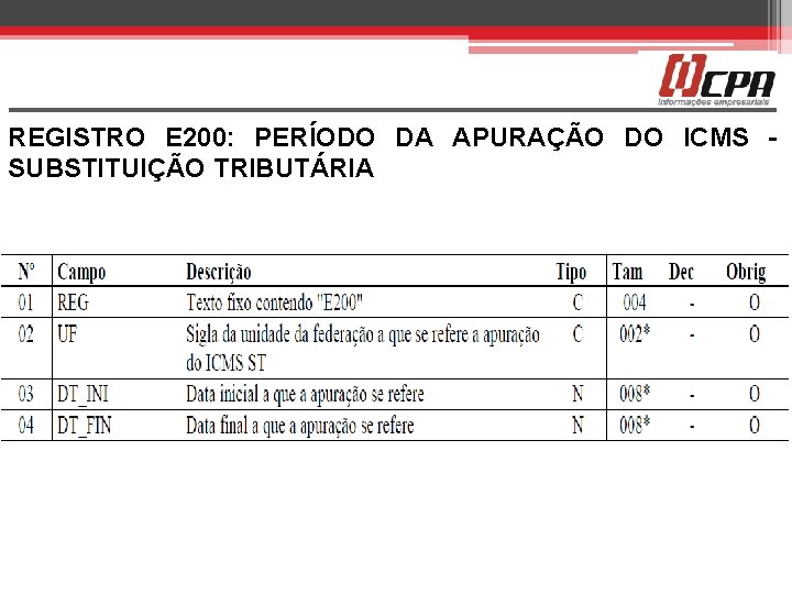 REGISTRO E 200: PERÍODO DA APURAÇÃO DO ICMS - SUBSTITUIÇÃO TRIBUTÁRIA 