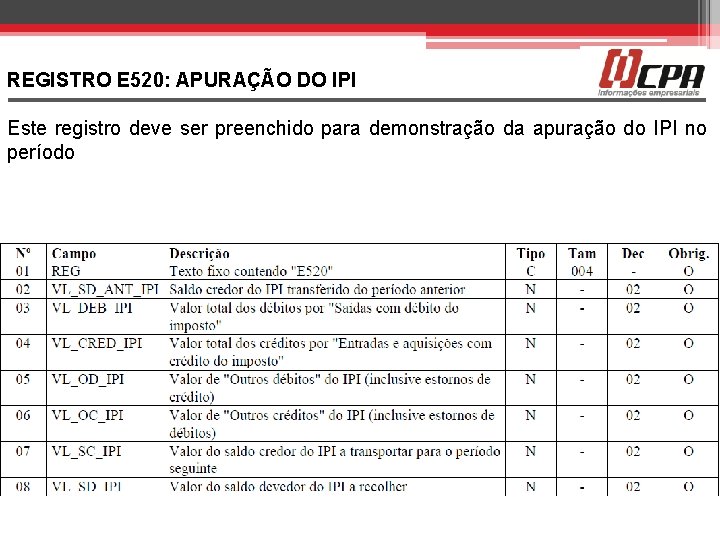 REGISTRO E 520: APURAÇÃO DO IPI Este registro deve ser preenchido para demonstração da