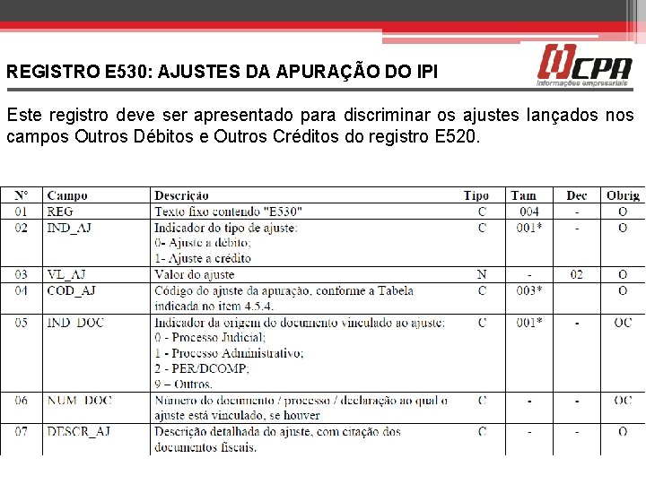 REGISTRO E 530: AJUSTES DA APURAÇÃO DO IPI Este registro deve ser apresentado para