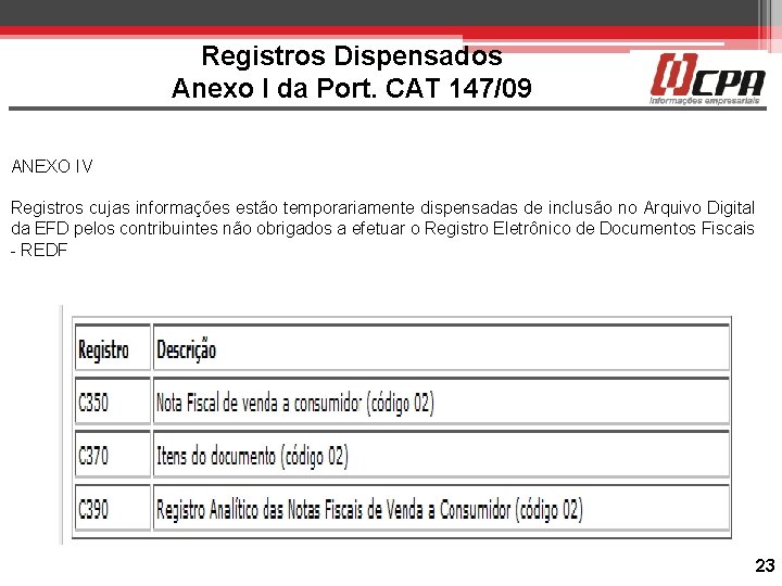 Registros Dispensados Anexo I da Port. CAT 147/09 ANEXO IV Registros cujas informações estão