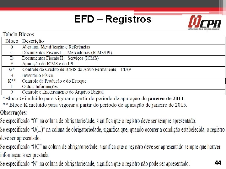 EFD – Registros 44 