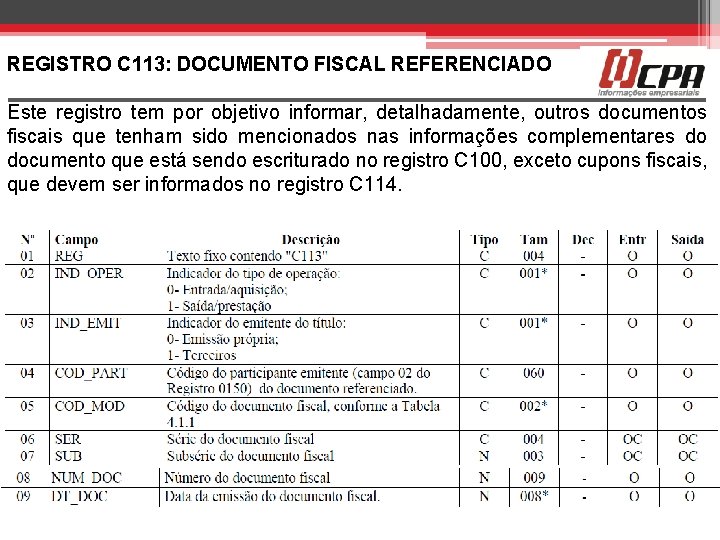 REGISTRO C 113: DOCUMENTO FISCAL REFERENCIADO Este registro tem por objetivo informar, detalhadamente, outros