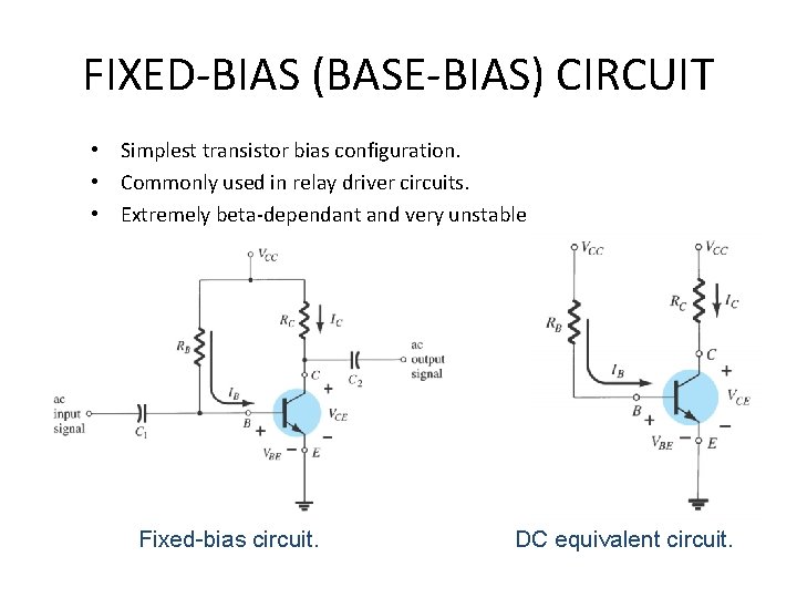FIXED-BIAS (BASE-BIAS) CIRCUIT • Simplest transistor bias configuration. • Commonly used in relay driver