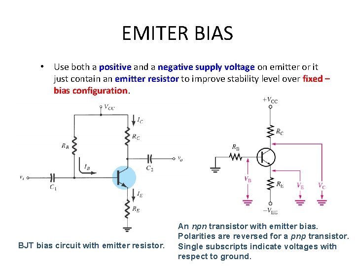 EMITER BIAS • Use both a positive and a negative supply voltage on emitter