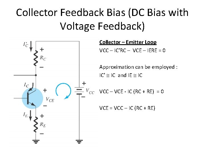 Collector Feedback Bias (DC Bias with Voltage Feedback) Collector – Emitter Loop VCC –