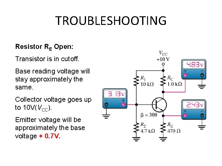 TROUBLESHOOTING Resistor RE Open: Transistor is in cutoff. Base reading voltage will stay approximately