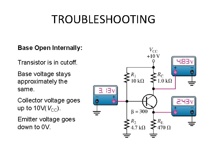 TROUBLESHOOTING Base Open Internally: Transistor is in cutoff. Base voltage stays approximately the same.