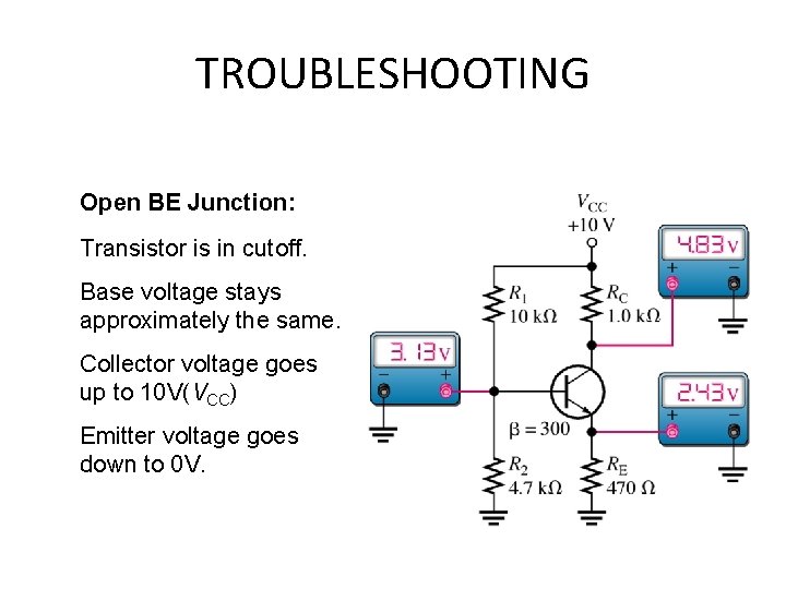 TROUBLESHOOTING Open BE Junction: Transistor is in cutoff. Base voltage stays approximately the same.