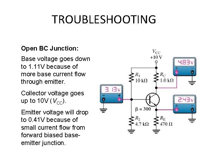 TROUBLESHOOTING Open BC Junction: Base voltage goes down to 1. 11 V because of