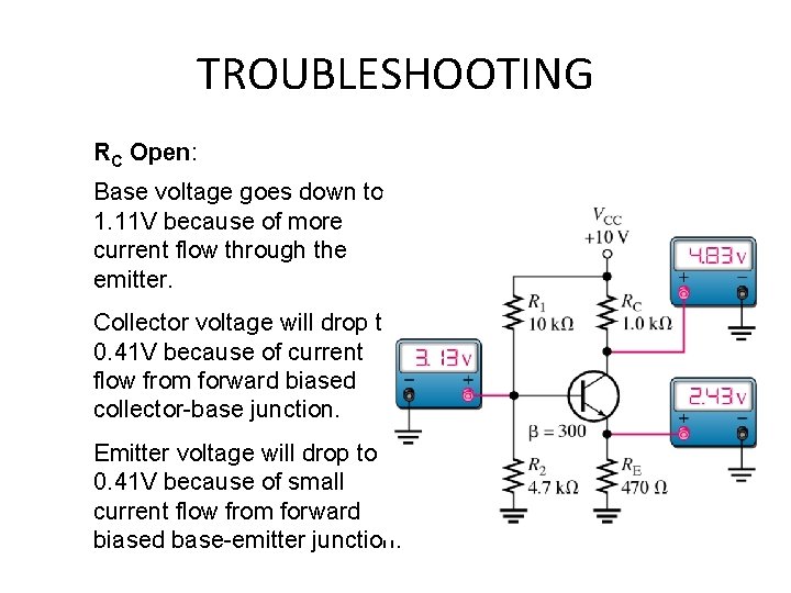 TROUBLESHOOTING RC Open: Base voltage goes down to 1. 11 V because of more