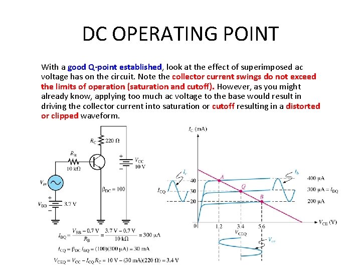 DC OPERATING POINT With a good Q-point established, look at the effect of superimposed