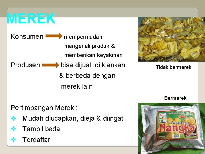 MEREK Konsumen mempermudah mengenali produk & memberikan keyakinan Produsen bisa dijual, diiklankan Tidak bermerek