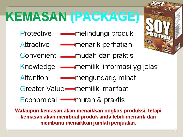 KEMASAN (PACKAGE) Protective melindungi produk Attractive menarik perhatian Convenient mudah dan praktis Knowledge memiliki