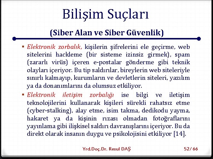 Bilişim Suçları (Siber Alan ve Siber Güvenlik) § Elektronik zorbalık, kişilerin şifrelerini ele geçirme,